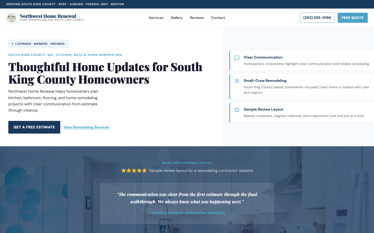 Screenshot of the Northwest Home Renewal website showing a homeowner-friendly remodeling layout.