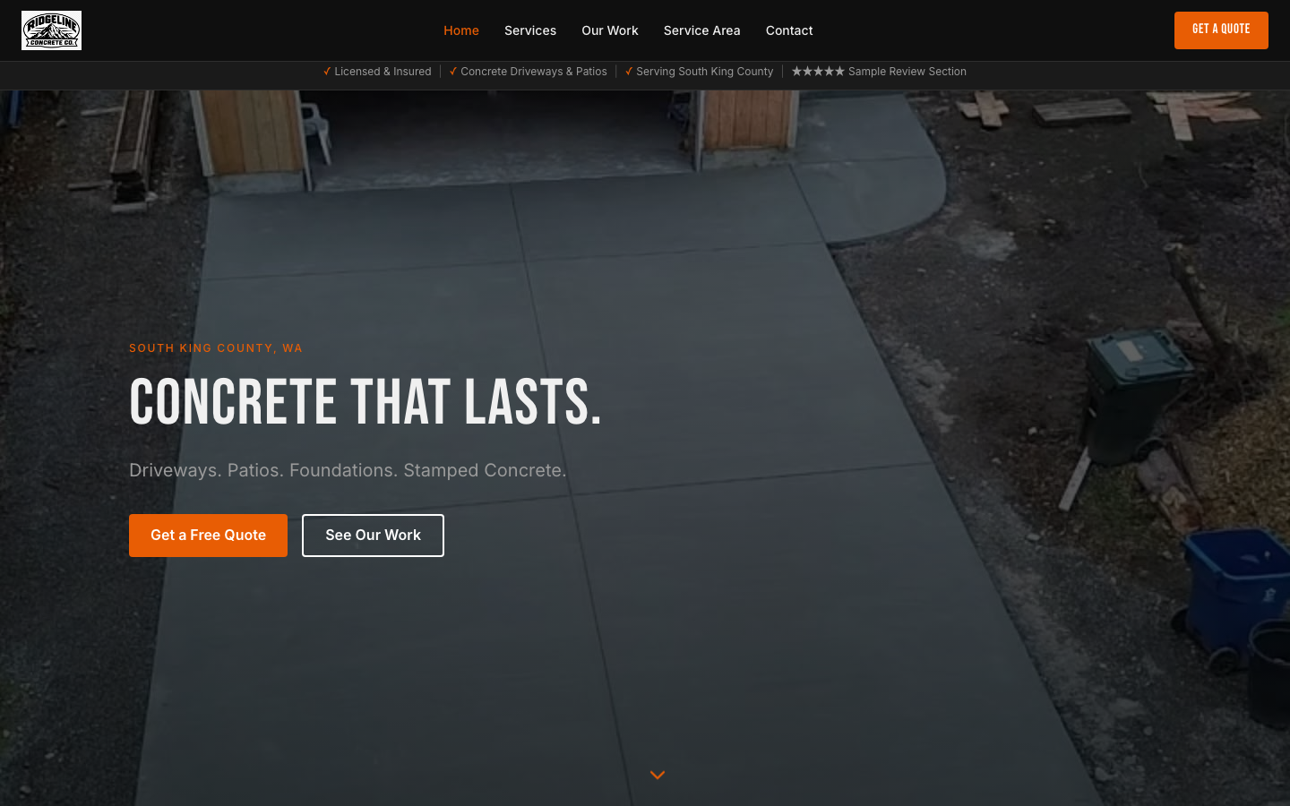 Screenshot of the Ridgeline Concrete Co. website showing bold branding and a strong quote flow.