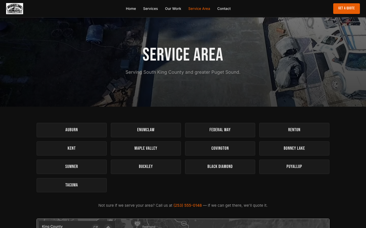 Example of a service-area section on a local contractor website, showing the cities and region served.